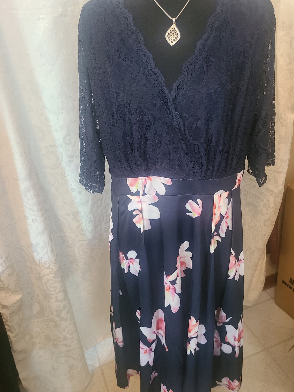 Floral Lace Wrap Navy Dress with Pink Accents